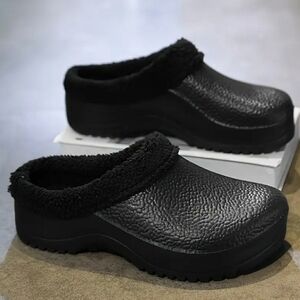 Black Leather Slip-On Loafers with Fuzzy Lining